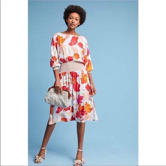 𝅺ANTHROPOLOGIE Maeve Gemma floral ribbed cuffs midi dress - Picture 1 of 12